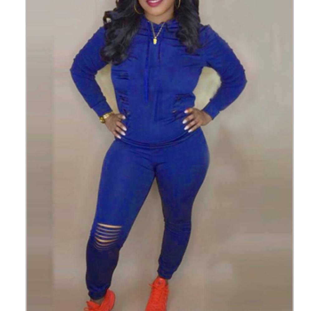 Women's Hooded Collar Broken Holes 2PC Set